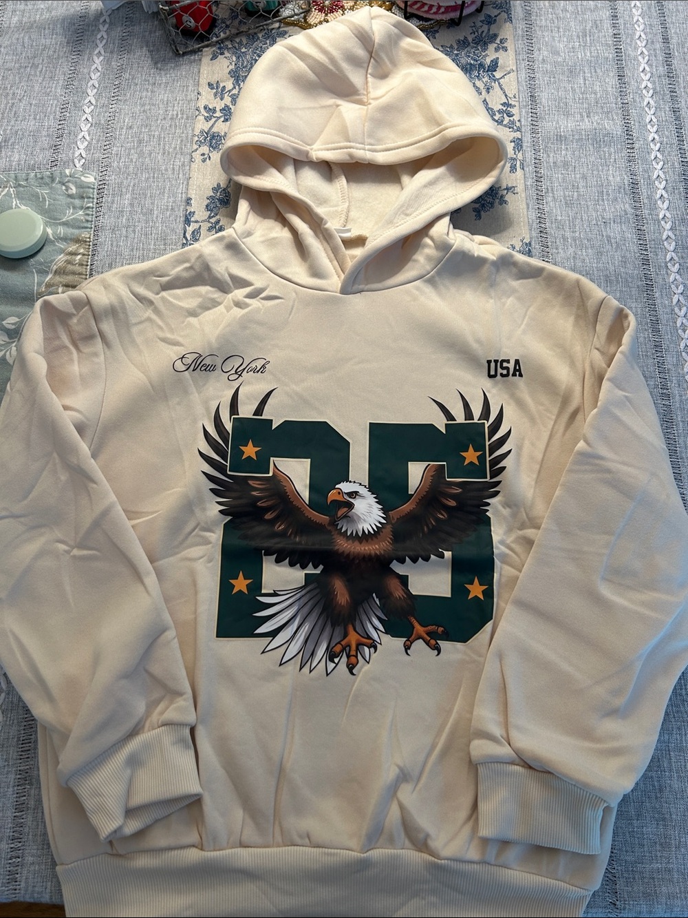 Cream Kids Hoodie with Eagle Graphic, NY, USA